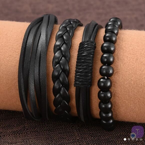 Men's leather bracelets set 4pc layered beaded black new d102 - Picture 1 of 2